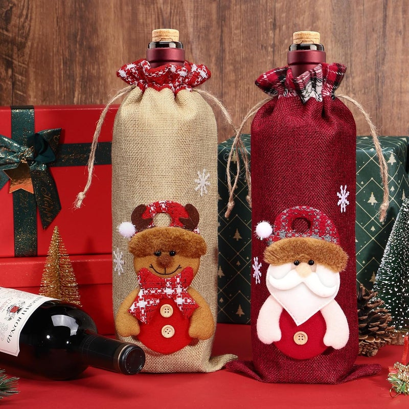 Aoonby 8Pcs Burlap Wine Bags, Drawstring Bottle Gift Bags with Santa, Snowman, Elk, Bear 3D Dolls, Reusable Christmas Wine Bottle Covers for Xmas Holiday Party Decoration - Image 4